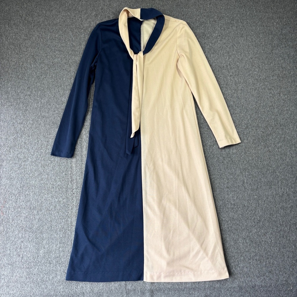 Vintage Sears The Fashion Place Navy‎ Cream Colorblock Tie Neck Midi Dress 10